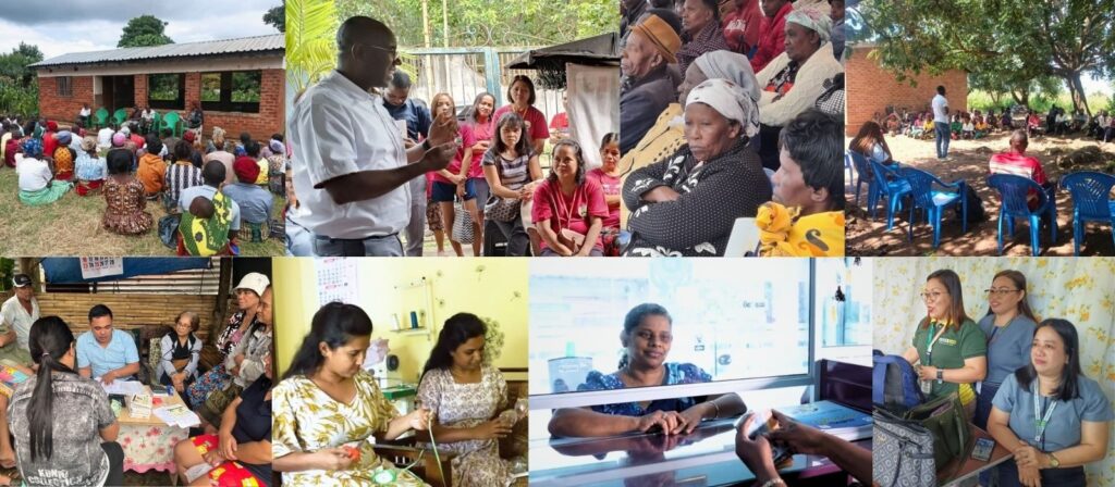 A collage of people in various community settings—group meetings outdoors, discussions indoors, and interactions at offices or clinics—reflects the ICMIF Foundation's decade of impact through mutual solidarity, protecting lives and livelihoods.
