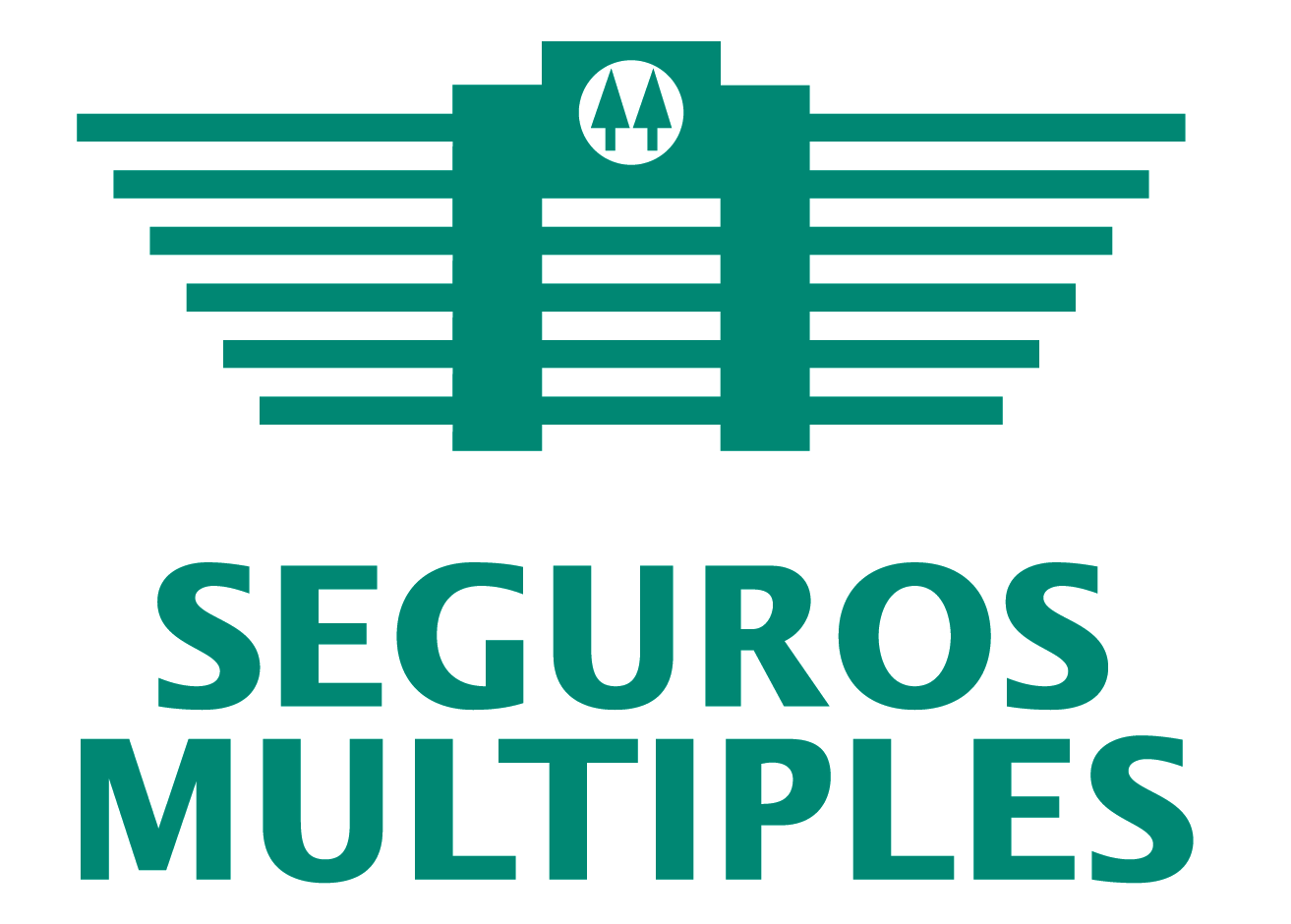 Green logo featuring a stylised building with pine trees in a circle at the top, above “SEGUROS MULTIPLES” in bold capitals—symbolising mutual cooperative insurers dedicated to affordable, inclusive insurance solutions.